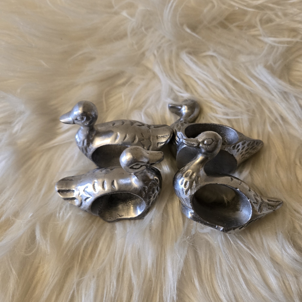 Pewter Duck Set of 4 Duck Napkin Rings